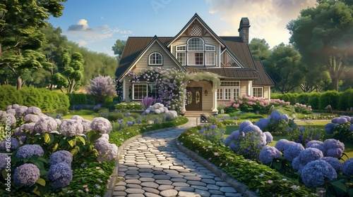 : A picturesque suburban home with a charming, stone pathway leading to the front door, surrounded by a lush garden filled with hydrangeas and peonies.