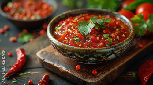 Hot sauce. Spicy adjika with tomato and red pepper. Traditional armenian spicy adjika sauce with hot pepper, paprika, tomatoes and parsley on rustic wooden kitchen table background