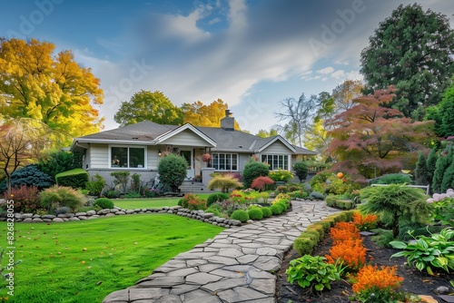 : A picturesque suburban house with a stone pathway leading to the entrance, surrounded by a vibrant, well-kept garden.