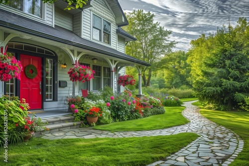 : A picturesque suburban house with a classic red door, hanging flower baskets on the porch, and a winding stone pathway through a lush green lawn.