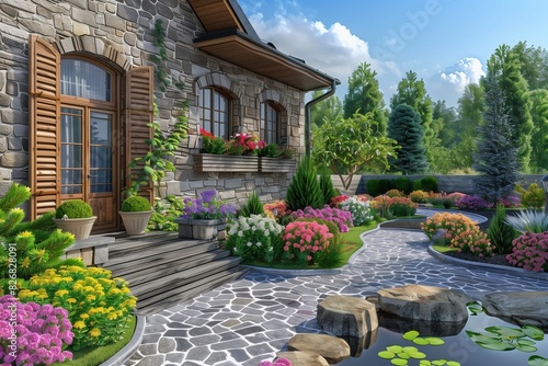 : A picturesque suburban house with a stone facade, wooden shutters, and a front yard with a small pond and a variety of flowering plants.