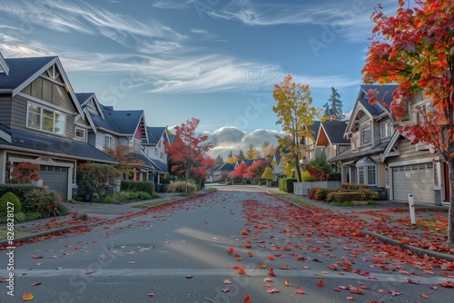 : A picturesque suburban street lined with houses featuring a mix of contemporary and classic architecture, with autumn leaves covering the ground.