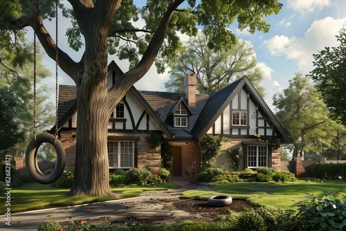 : A picturesque suburban house with a classic Tudor style, half-timbering, and a front yard with a large oak tree and a tire swing.