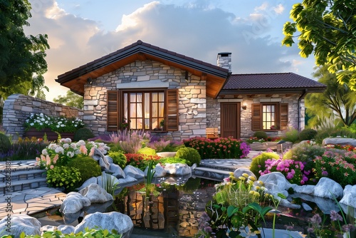 : A picturesque suburban house with a stone facade, wooden shutters, and a front yard with a small pond and a variety of flowering plants.