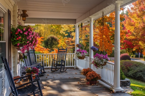 : A picturesque suburban house with a wraparound porch, rocking chairs, hanging flower baskets, and a colorful fall foliage backdrop.