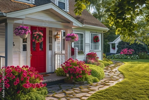 : A picturesque suburban house with a classic red door, hanging flower baskets on the porch, and a winding stone pathway through a lush green lawn.