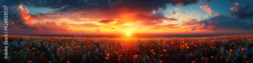 wild flower field landscape at sunrise or sunset, splendid sky, panorama view. Wall Art Poster Print Design for Home Decor, Decoration Artwork, High Resolution Wallpaper and Background for Computer