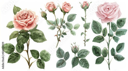 A collection of watercolor pink roses with green leaves and stems isolated on white background. Perfect for romantic designs.