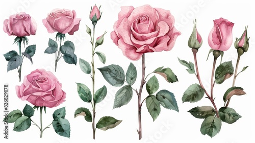 A collection of delicate pink roses and buds, painted in a watercolor style, perfect for