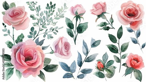 A collection of delicate pink roses and green leaves, perfect for floral designs and romantic projects