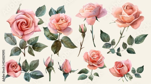 A collection of delicate pink roses and leaves, perfect for floral designs.