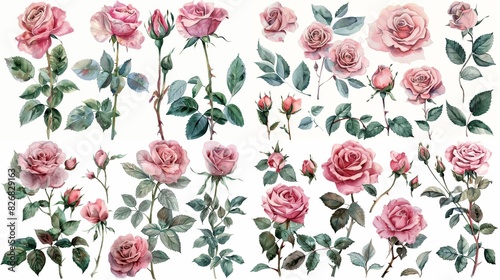 A collection of pink roses and buds in various stages of bloom, illustrated in watercolor on a white background.