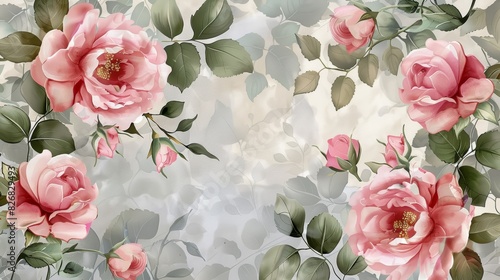 A delicate watercolor painting of pink roses with green leaves on a soft, blurred background.