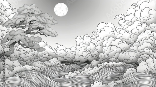coloring book page, Japanese motif clouds, style, thick and thin lines, 