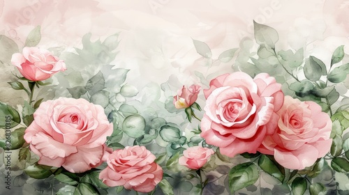 Delicate pink roses bloom in a watercolor painting, creating a romantic and elegant floral scene.