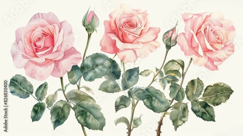 Delicate pink roses with green leaves and buds on a white background. Watercolor painting style.