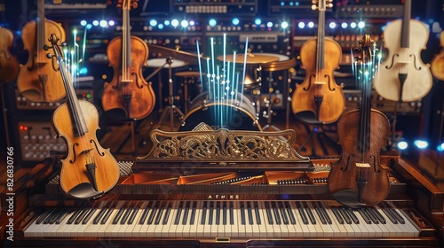 The image shows a piano with violins, drums and other musical instruments on and around it.