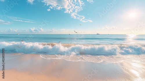 Amazing summer beach, the foamy waves gently lap the shore. Overhead, the sky is azure blue.