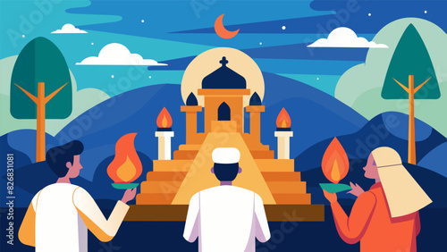 A group of tourists observing the rituals and traditions of the pilgrims in awe gaining a newfound appreciation for the spiritual significance of the. Vector illustration