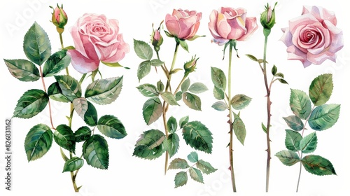 Watercolor illustration of pink roses and buds in various stages of bloom. Isolated on white background. Perfect for floral design projects.
