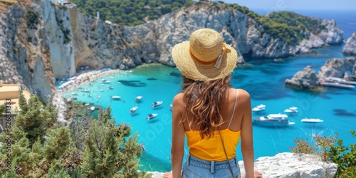 A woman in a straw hat and yellow top enjoys a breathtaking coastal view with clear blue waters and boats, surrounded by rocky cliffs and lush greenery