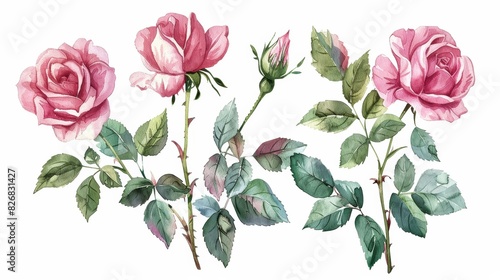 Watercolor illustration of pink roses with green leaves and stems, isolated on white background.