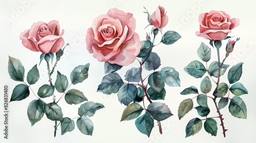 Watercolor illustration of three pink roses with green leaves and stems.