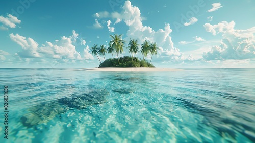 A tropical island with a sandy beach and crystal clear water under a clear sky