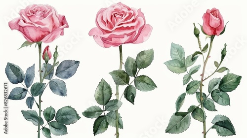 Watercolor painting of three pink roses with buds and green leaves.