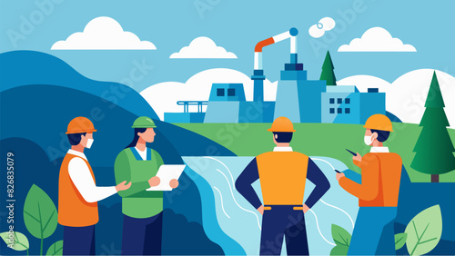 Engineers observing the environmental impact of the hydro plant and implementing strategies to mitigate any negative effects.. Vector illustration