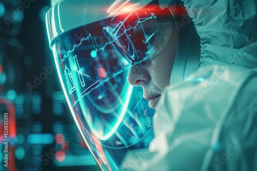 An otolaryngologist is performing a nasal endoscopy, with a hitech HUD hologram showing realtime imagery, close up, with a futuristic, cinematic feel and copy space