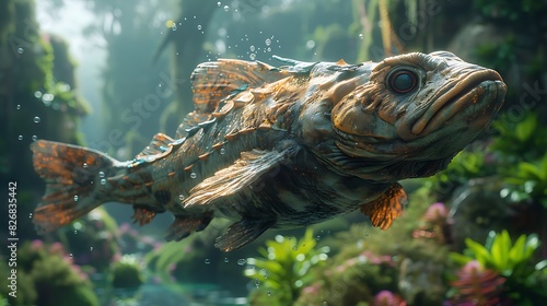 fishlike alien with advanced bioengineering on a water planet with floating kelp forests and massive sea creatures