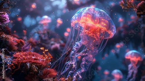 jellyfishlike alien with bioluminescent tendrils on a water planet with vast coral reefs and glowing sea creatures