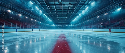 Empty Ice Hockey Arena, Illuminated stadium with ice rink, Sports Venue Atmosphere
