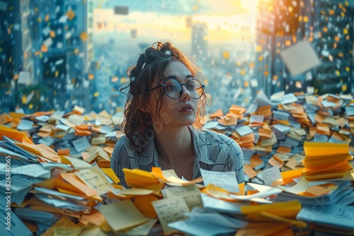 An overwhelmed woman drowning in paperwork at a busy office, reflecting high stress work