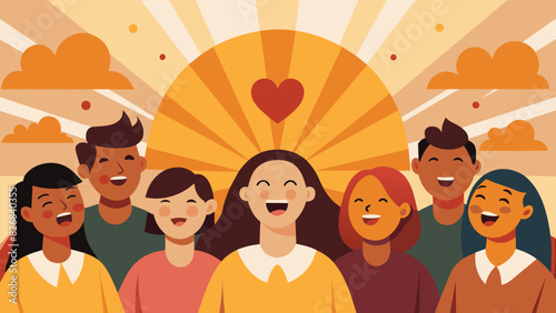 The warmth of the rising sun on the faces of the congregation as they sing in unison with hearts full of hope and gratitude.. Vector illustration