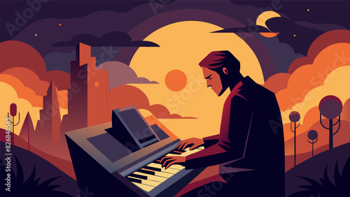 As the sun sets the practicing organists music becomes more and more haunting evoking a sense of reverence and awe in anyone who hears it.. Vector illustration