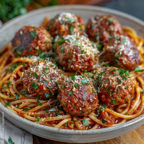 a bowl of freshly made spaghetti with meatballs and tomato sauce, garnished with oregano leaves and sprinkled with parmesan cheese