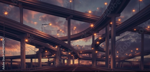 A 3D digital rendering of a complex urban freeway interchange with multiple levels and ramps, all lit by streetlights against a dusky sky 32k, full ultra hd, high resolution