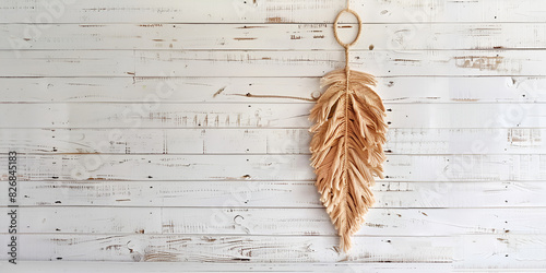light brown macrame hanging wall hanging made of raffia in the shape of a feather hangs from a loop on a white wooden wall