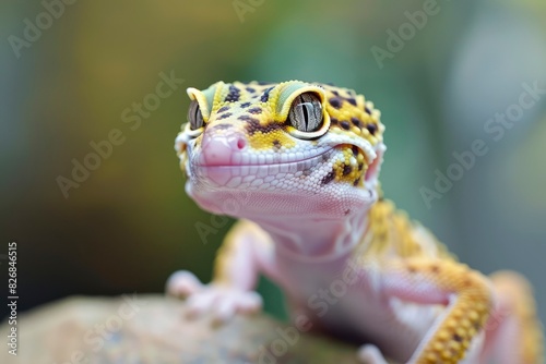 The leopard gecko (Eublepharis macularius) is a nocturnal gecko native to south and west-central Asia. They are popular pets due to their small size, docile nature - generative ai