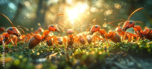 Close-up of ants working together on a vibrant forest floor with sun rays shining through the background, depicting teamwork in nature.