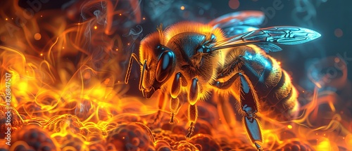 A bee is standing on a pile of burning wood