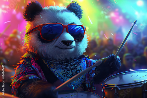 A panda bear wearing sunglasses is energetically playing the drums