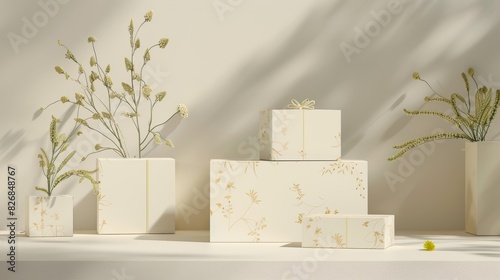 Cream-colored gift boxes with floral pattern and dried flowers on a beige background.