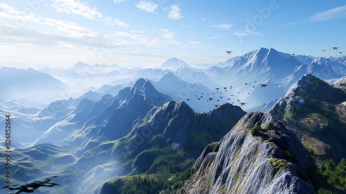 A majestic mountain range where AI-controlled drones monitor environmental changes, safeguarding fragile ecosystems with precision conservation efforts. 32k, full ultra HD, high resolution