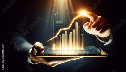 Businessman analyzing financial chart on digital tablet, highlighting growth and success in technology-driven business environment.