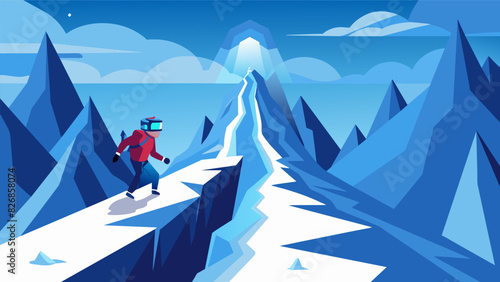 Endless stretches of snow and ice make for a challenging and physically demanding VR mountain climb pushing your limits as you forge ahead.. Vector illustration