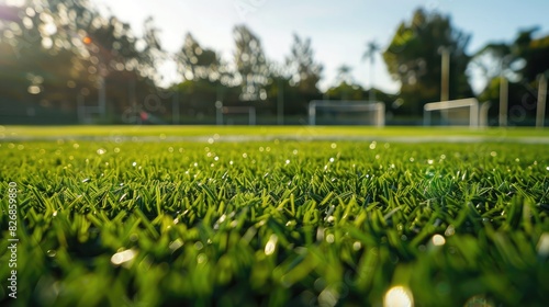 A wide shot of a soccer field with perfectly manicured grass, ready for a game