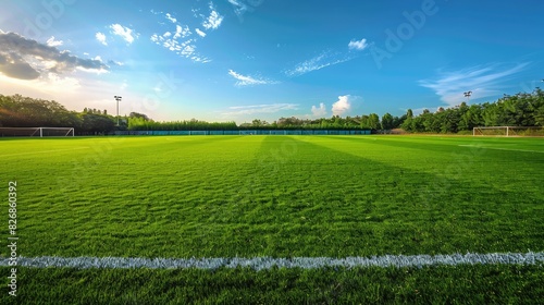 A wide shot of a soccer field with perfectly manicured grass, ready for a game